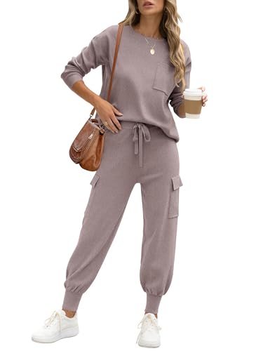 Caracilia Women's Two Piece Outfits Sweater Sets Long Sleeve Knit Tops Matching Cargo Jogger Pants 2025 Fall Lounge Sets