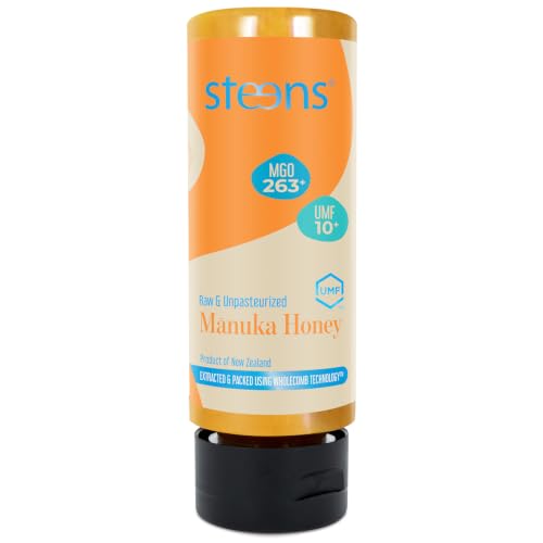 Miel de Manuka Steens MGO 263+: 340 g de miel de Manuka 100% pura, cruda y certificada UMF 10+, envasada y sellada en Nueva Zelanda, formato Squeezy
