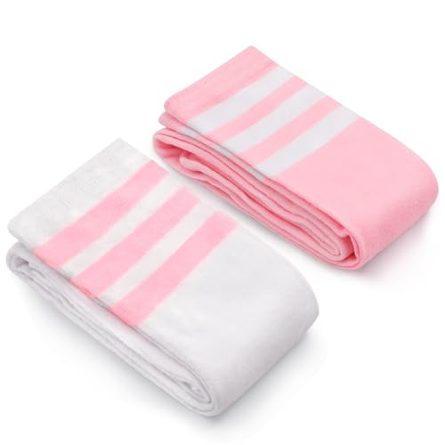 Littleforbig Knee High Thick and Soft School Girl Long Striped Tube Stockings College Style Socks 2 Pairs Set L - White and Pink3