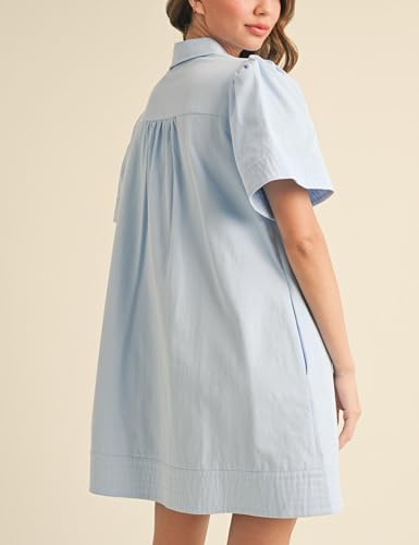 Image of Womens Short Sleeve Button Down Mini Shirt Dress Lapel Collar Short Dresses with Pocket