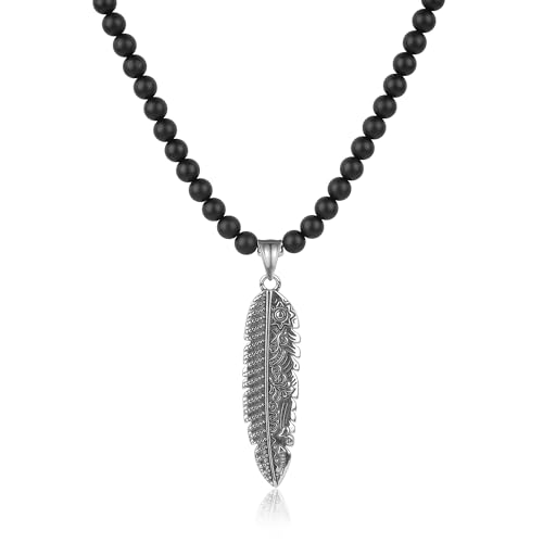 Collier perle homme onyx noir pendentif plume acier inoxydable GAVU