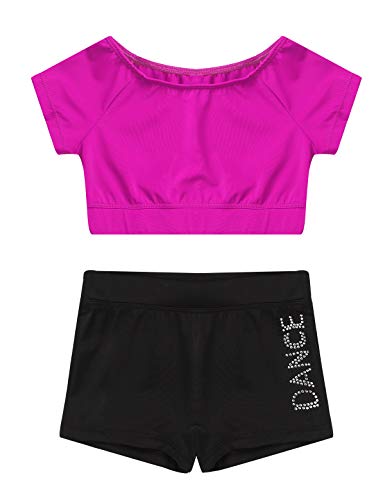 Girls 2PCS Ballet Dance Outfits Team Uniform Gymnastic Crop Top with Booty Shorts Active Sports Set3
