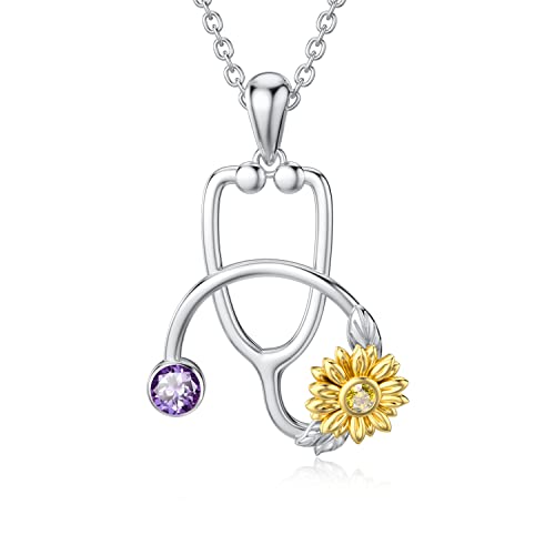 enjoylifecreative Collar de estetoscopio para mujer con girasol de plata de ley y piedra natal de plata, joya médica, regalo para enfermeras, médicos, estudiantes de medicina