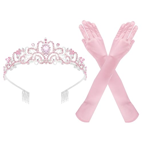 Tiara Queen Crown and Long Satin Gloves for Women - Light Pink Princess Opera Gloves, Quinceanera Rhinestone Wedding Tiaras for Bride, Crown Accessories for Prom