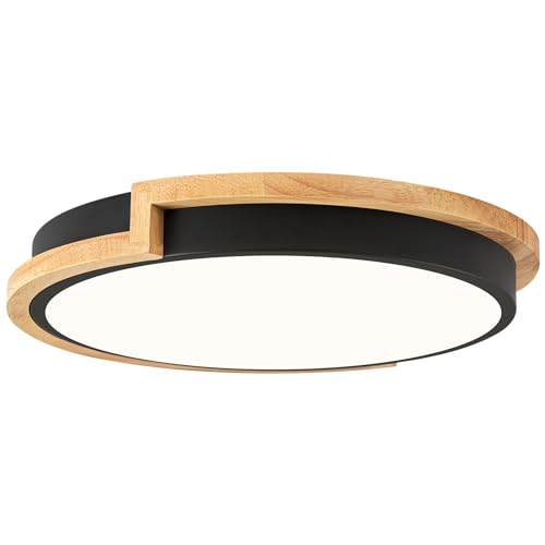 Dimmable Wood LED Flush Mount Ceiling Lights, 5CCT 2700K-6000K Black Hallway Lighting Fixtures, Minimalist Circular Ceiling Lamp for Bedroom Laundry Room Kitchen Entryway