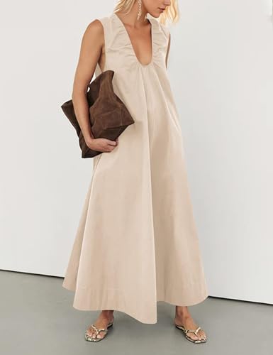 Image of Livtany Women's Scoop Neck Ruched Maxi Dress Flowy Swing Wide Straps Long Dress Casual Sleeveless Sundress with Side Pockets