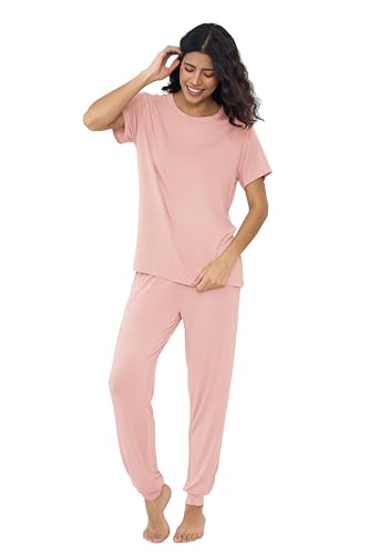 Image of Joyaria Women's Bamboo Viscose Cooling Pajamas Short Sleeve Crewneck Top & Jogger Pajama Pants with Pocket S-XXL