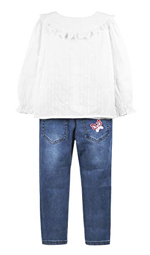 Image of Big Girls Letters Decor White Knitted Pullover Wahsed Flowers Embroidery Jeans Pants Set