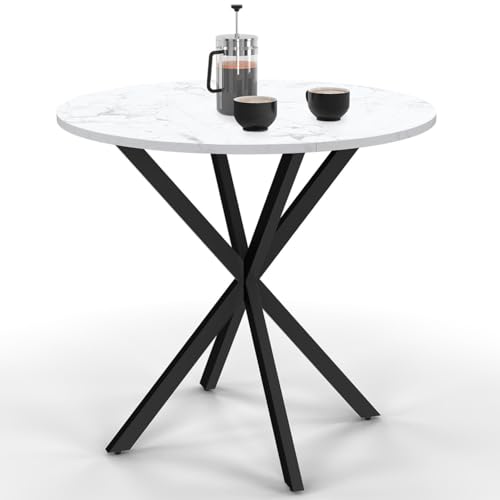 IDMarket - Tavolo da pranzo rotondo Alix 4 Persone Piede ragno Nero Piano Effetto marmo Bianco Alaska 80 cm