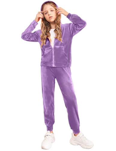 Image of Arshiner 2 Piece Outfits for Girls Kids Velour Tracksuit and Jogger Set | Size 5-14Y, Velvet Sweatsuit with Zipper for Fall /Winter, Suit for School, Workout, Jogging, or Casual Occasions