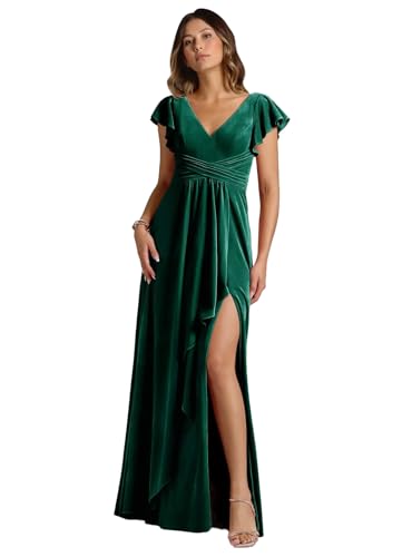Velvet Dress for Women Long Formal Evening Gowns with Slit Bridesmaid Dresses for Wedding Guest with Short Sleeves