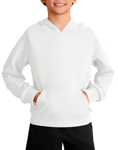 Haloumoning Sudadera con capucha para niño de manga larga a la moda para niños, monocolor, informal, corte regular, sudadera con capucha con bolsillo canguro, 5 14 años, Blanco, 13 14 años