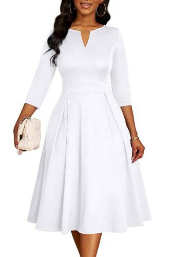 Image of Nmoder Women's A-Line Midi Dress 3 /4 Sleeve V-Neck with Pockets | Midi dress for work, church, flattering high-waist A-line back zipper for easy on /off, side pockets for convenience