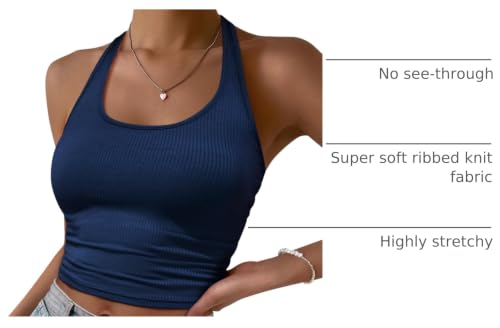 Image of Ekouaer Women Halter Top Backless Scroop Neck Slim Stretchy Ribbed Knit Camisole Crop Tops S-XXL