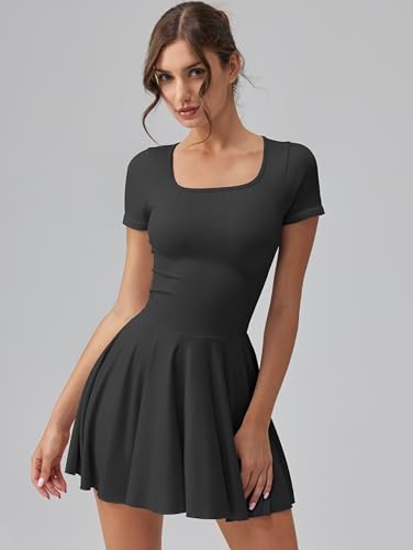 OQQ Women's Square Neck Ruffle Hem Mini Dress Summer Short Sleeve with Shorts Party Dresses2