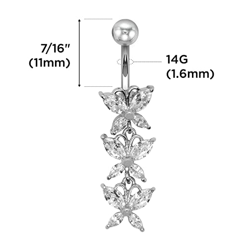 Pierce2Go Anodized Silver 316L 3 Butterflies Dangle Belly Ring With Cz Stones (Clear) #TOP1