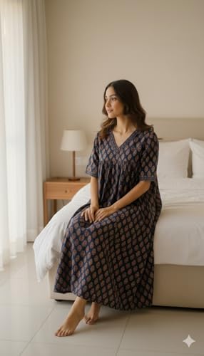Image of Evolove Cotton Nighty Maxi for Women with Side Pocket | Floral Print Round Neck Short Sleeves Full Length Night Wear Gown