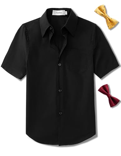 Boys Short Sleeve Dress Shirts Solid Poplin Soft Stretch Fabrics with Two Bow Tie Set