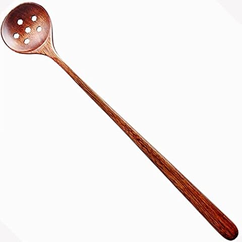 Long Slotted Spoons Wooden, Jam Spoons, Olive Spoons,1 PC Korean Style 10.9 inches 100% Natural Wood Long Handle Round Spoons with Slots for Soup Cooking Mixing Stirrer Mukbang Kitchen Tools Utensils Cover