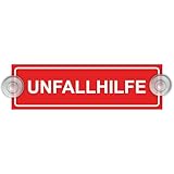 Indigos UG - Schild Unfallhilfe - 20 x 6 cm - Saugnapfschild - Aluverbund - Innenbefestigung für Ihr Auto - UV-Beständig - Einsatzschild - Hinweisschild - Warnschild