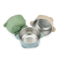 PandaEar 3 Pack Stainless Steel Baby Suction Bowls, Non-Slip Child Food Bowl with Silicone Sleeve for Kids Toddlers Infants, Unbreakable & Mess Free (Blue Green Brown)