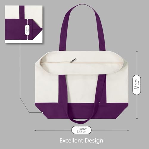 Image of TOPDesign 6-Pack Canvas Tote Bags with an External Pocket, Reusable Grocery Shopping Bags, Top Zipper Closure, Daily Essentials (Purple /Natural)