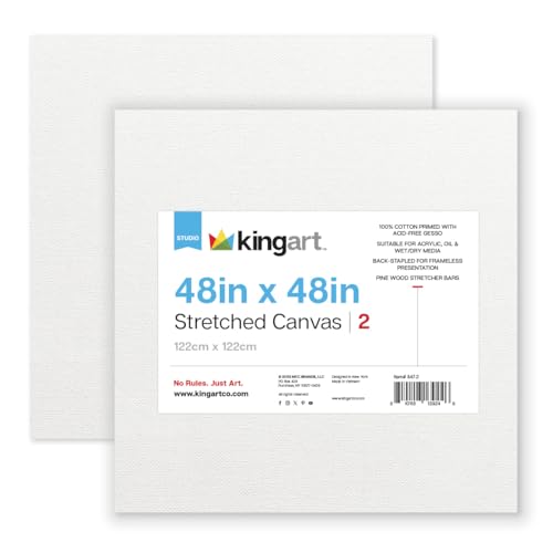 KINGART Stretched White Canvas Set Square 48x48 Inch 2-Pack 100% Cotton Triple Gesso Primed 5/8 Profile Back-Stapled Artist Boards for Acrylic Oil Pouring & Mixed Media Painting