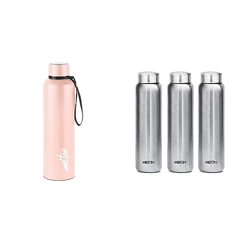 Image of Milton Aura 1000 Thermosteel Bottle, 1.05 Litre, Beige & Milton Aqua 1000 Water Bottle, 950 ml Each, Set of 3, Silver