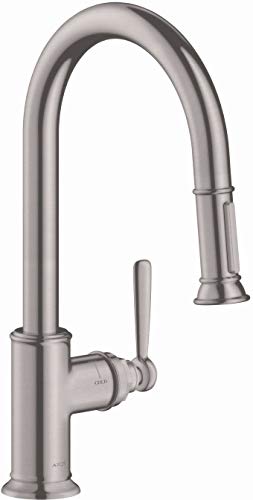 Get Special Price AXOR Montreux Luxury 1-Handle 16-inch Tall Stainless Steel Kitchen Faucet with Pull Down Sprayer with QuickClean Magnetic Docking Spray Head in Stainless Steel Optic, 16581801