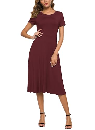 Image of EXCHIC Women's Casual Round Neck Short Sleeve Midi Dress Solid Stretchy Waist Knee Long Dress