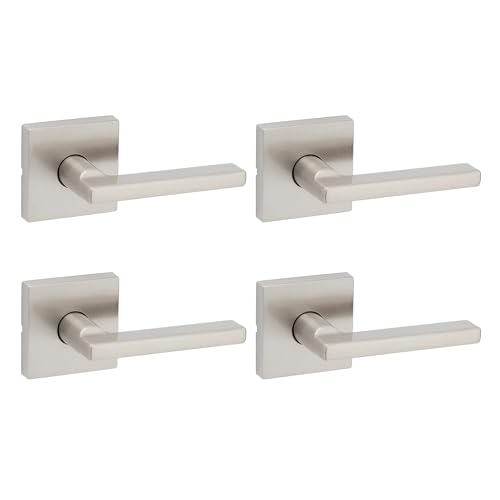 Image of Kwikset Halifax Interior Square Passage Door Handle, Lever for Closet and Hallway Doors, Reversible Non-Locking Handle Lever, Satin Nickel 4 Pack