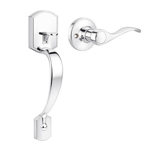 Image of Probrico Polished Chrome Front Door Handle, Heavy Duty Entry Door Handle with Interior Reversible Handed Lever, Lock Grip Handle with Wave Lever Keyless Door Locks, 1Pack