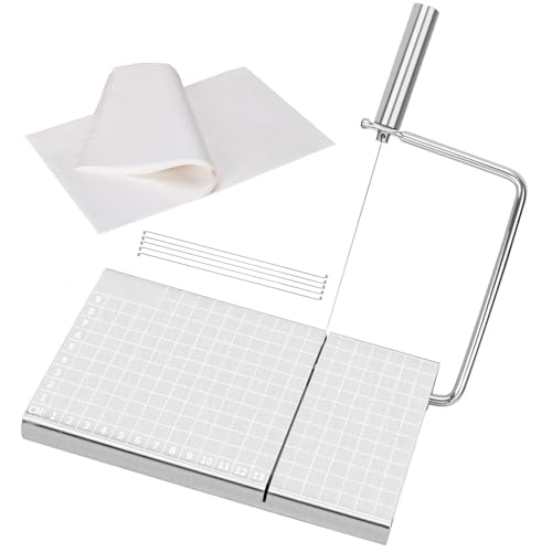 Cheese Slicer Cutter Board,Stainless Steel Cutter with Accurate Size Scale Wire Cheese Slicer for Block Butter Equipped with 5 Replaceable Slicer Wires & 30 Blotting Paper