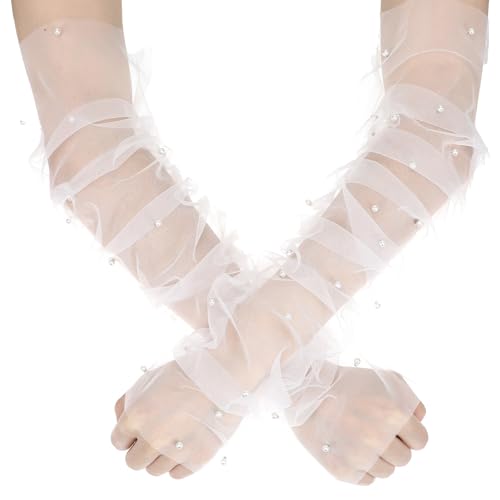Long Tulle Pearl Gloves, Women's Long Ruched Fingerless Glove wit...