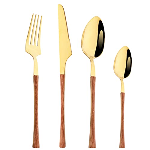 BRIIEC 24-Piece Wood Silverware Flatware Set Stainless Steel Cutlery Service for 6, Including Fork Spoon Knife Tableware, Mirror Polished,Wooden Handle with Gold Mouth