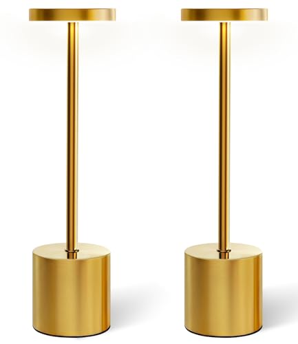 Image of Swinerton Cordless Table Lamp Set of 2, Gold 5000mAh Rechargeable Battery Operated Lamps, Wireless 3 Color Dimmable Touch Lamp Table Light for Restaurant Dining Patio Outdoor, Home Decor