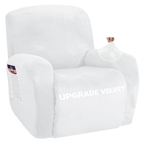 Image of ZNSAYOTX Stretch Velvet Recliner Cover 4-Pieces, Thick Soft Recliner Chair Slipcover with Pocket, Non-Slip Elastic Bottom for Kids Pets, Luxury Plush Reclining Protector Comfy Washable (White)