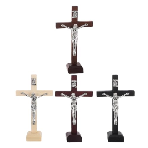 ELAYARD 4 Piezas Crucifijos de Madera con Soporte Cruz Católica Pared para Decoración Religiosa Hogar Oratorio o Fiesta Navideña