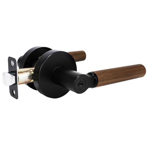 Aassiantek Walnut Wood Entry Door Lever - Secure Keyed Reversible Lever for Front Entrance & Bedrooms Room Door Lock Zinc Alloy Base (1 Pack, Black, Keyed)