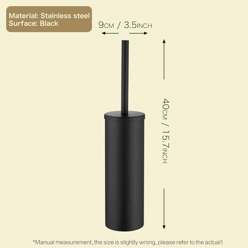 Image of Freestanding Toilet Bowl Brush Holder Black Round Metal Toilet Brush | AIREMOEN Removable Inner Bucket, Metal Splash Guard Cover, Dense Bristles with Brush Handle