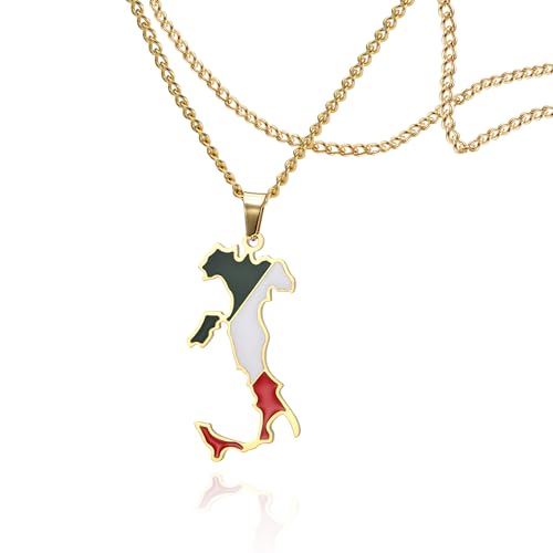SIPURIS Collier Carte d'Italie Acier Inoxydable Collier Pendentif Drapeau d'Italie Bijoux Colorés Bijoux Personnalisés, 33 x 17 mm, Acier inoxydable, Pas de gemme