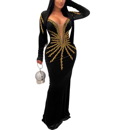 Image of Jigfar Women's Sexy Elegant Rhinestone Embellished Velvet Party Club Night Bodycon Formal Evening Maxi Dress