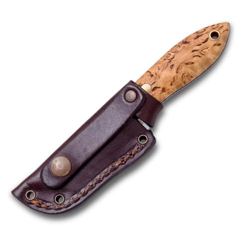 Joker Bushcraft Avispa S CL121, curly birch wood handle, 3.15 inches blade with spine grip, includes brown leather Sheath, Tool for fishing, Hunting, camping and hiking