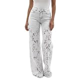 Lace Jeans for Women | Hollow Lace Spliced | Wide Leg High Waist Jeans Baggy Denim Pants - for Daily Wear White Large