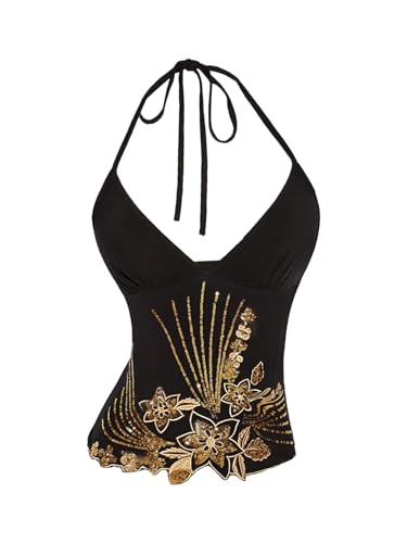 BEAUDRM Women's Floral Embroidery Halter Tops Y2k Sparkly Tie Backless Sleeveless Camisole Crop Tops Black and Gold Large