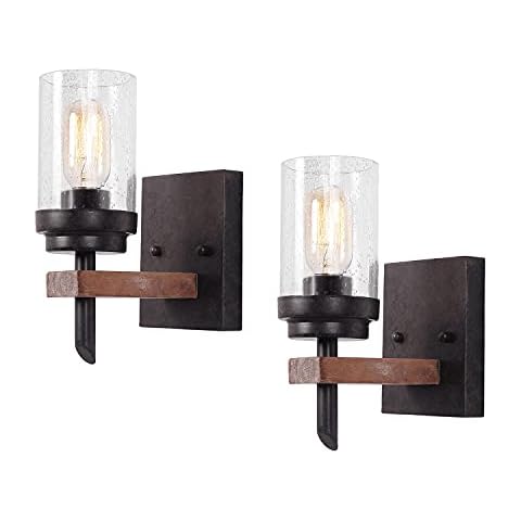 Eumyviv Rustic Wall Light Sconce with Seeded Glass Shade, Vintage Edison Metal Wood Wall Lamp Fixture for Entryway Bedroom Bathroom Living Room Bar (2 Packs) W0076 Cover