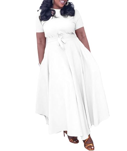 Image of SEMATOMALA Women's A Line Self Tie Waist Maxi Dress Round Neck Long Sleeve High Waist Plus Size Swing Flare Long Dresses