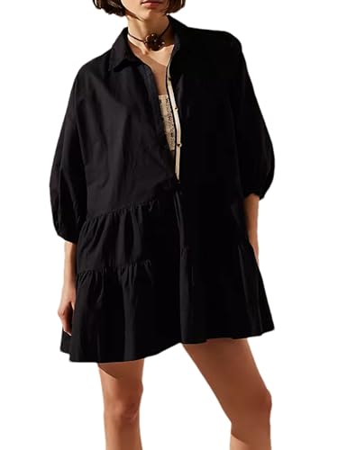 Zontroldy Babydoll da donna oversize casual con colletto mini abito a maniche a sbuffo linea A a strati, nero, L