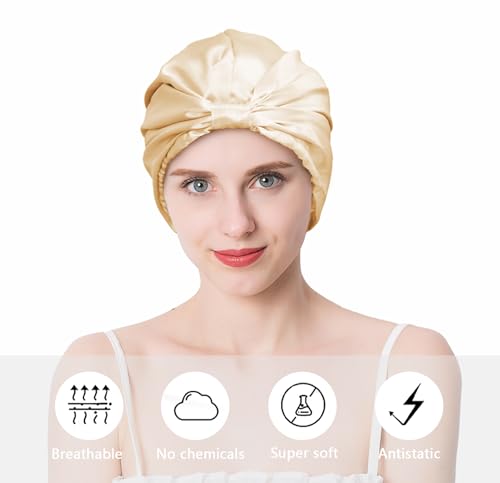 Townssilk Mulberry Silk Night Hat for Women - Ideal for Hair Protection - Popular, 1 Piece, Champagne, 1-layer champagne - Image 3