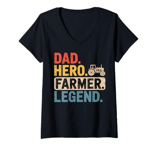 Womens Dad Hero Farmer Legend Men Funny Fathers Day Farmer Dad V-Neck T-Shirt